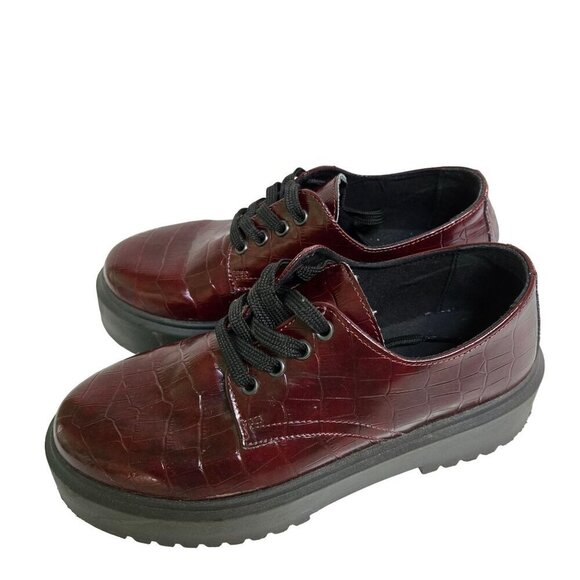 Asos Burgundy Chunky Lace Up Croc Embossed Oxford Dark Academia Shoes Size 7 - Picture 2 of 8